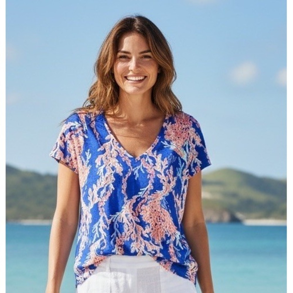 Lilly Pulitzer Etta V-neck Tee T-shirt Top Pink Borealis Blue Swim Size Small S